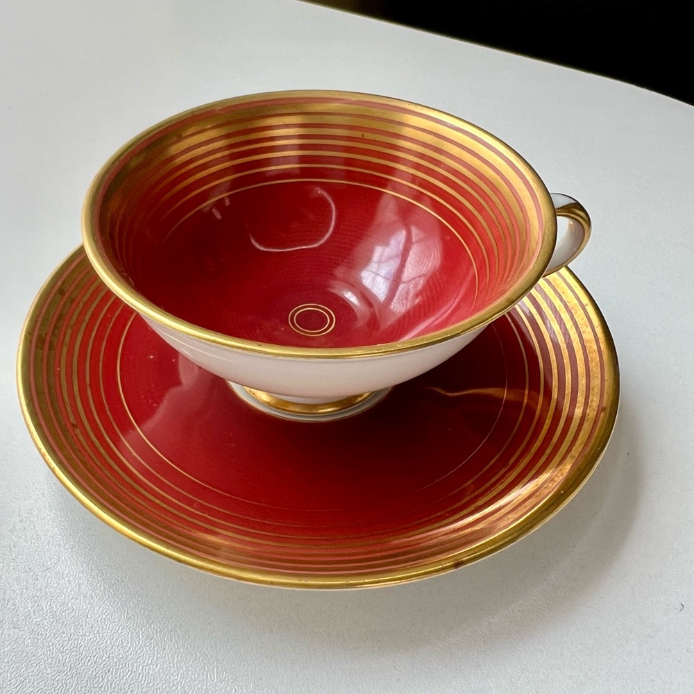 Antique (2) Piece Furstenberg Porcelain Red Orange Gold Tea Cup Saucer Set 5”